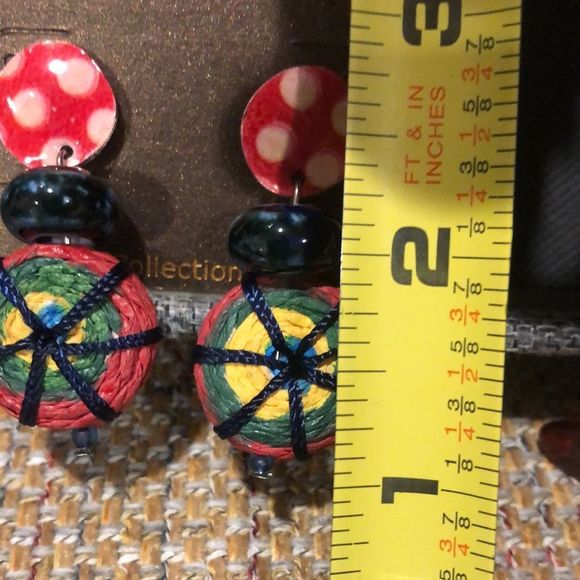TRESKA Woven Multicolor Polka Dot Round Drop Earrings NWT - Picture 3 of 3